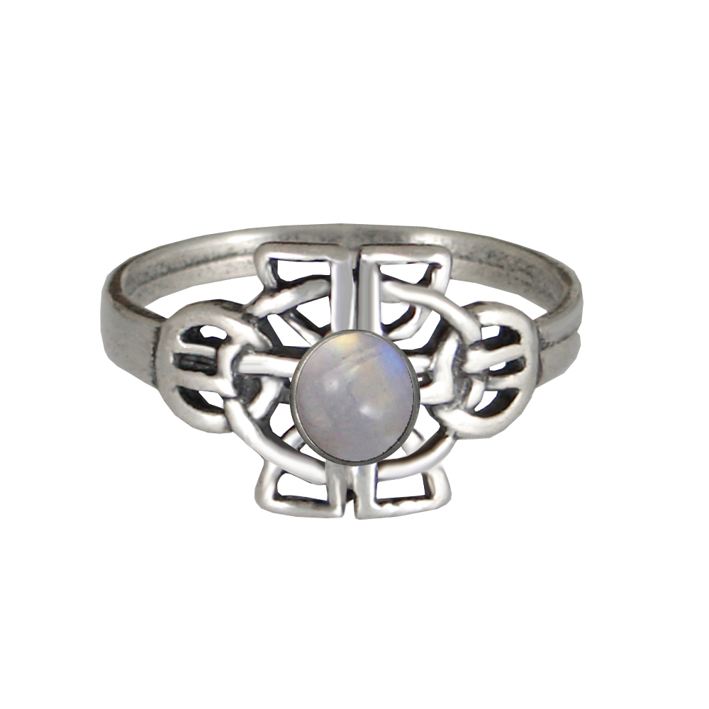 Sterling Silver Celtic Knotwork Ring With Rainbow Moonstone Size 5